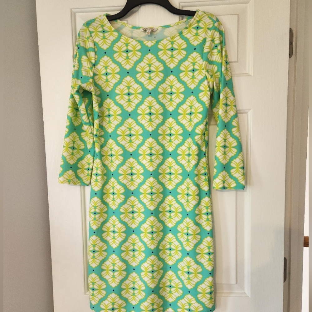 All For Color Neon Yellow Green Geometric Print Sheath Dress Medium